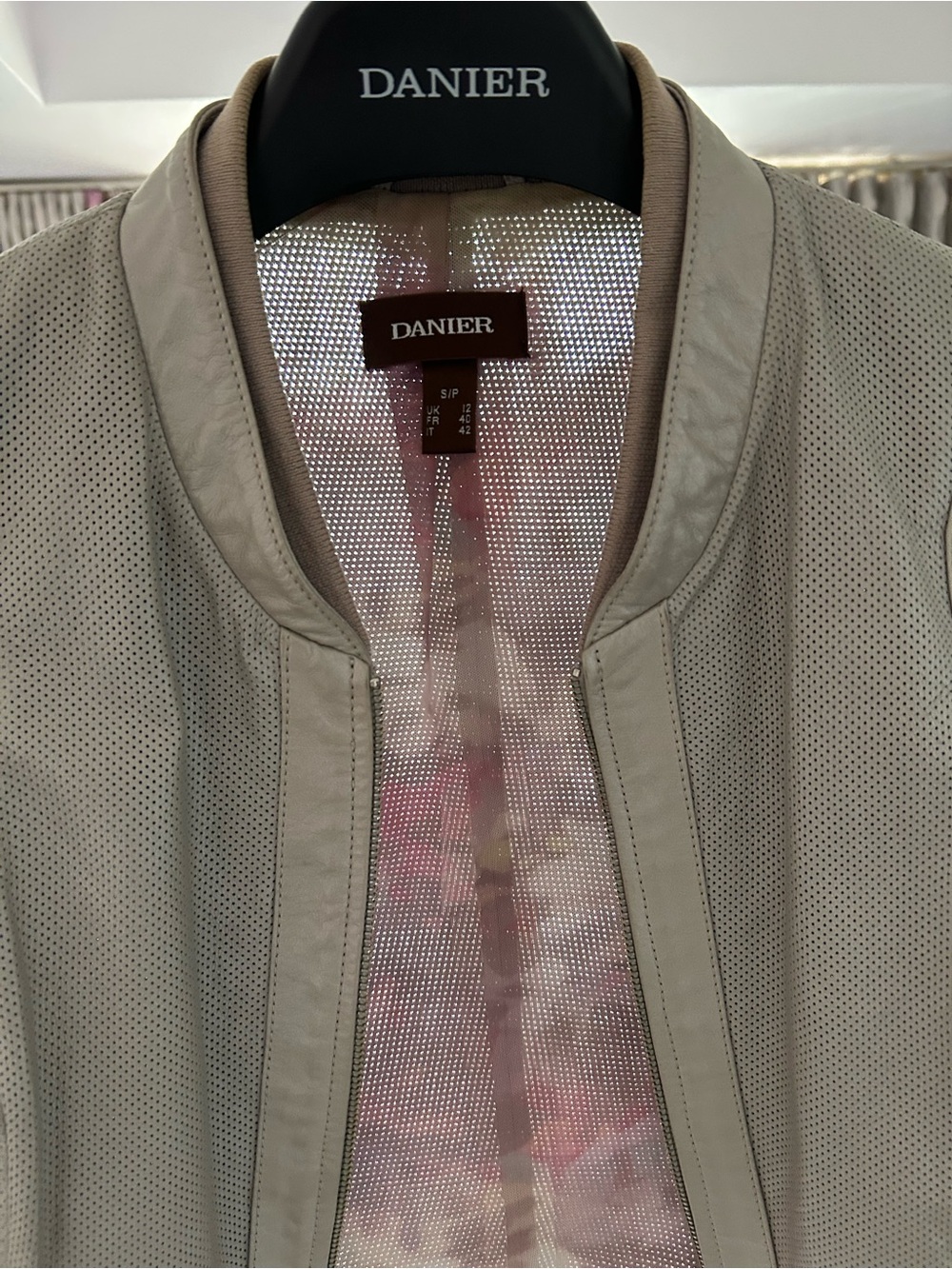 Danier Perforated Leather Bomber Jacket in Light Taupe